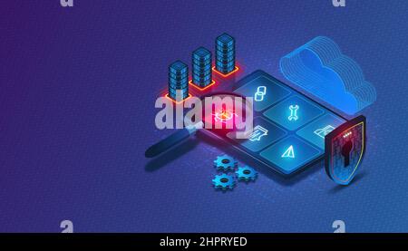 Application Security Testing Concept with Digital Magnifying Glass Scanning Applications to Detect Vulnerabilities - AST - Process of Making Apps Resi Foto Stock