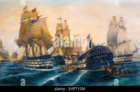 La battaglia di Trafalgar, dipinto a olio su tela dell'artista greco Constantinos Volanakis, circa 1877 Foto Stock