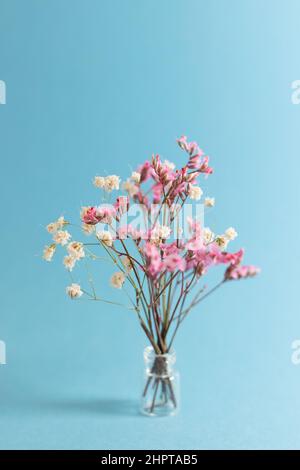 Un piccolo bouquet di fiori bianchi e rosa secchi in un piccolo vaso di vetro. Foto Stock