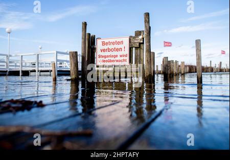 Bad Zwischenahn, Germania. 23rd Feb 2022. Un segno che indica "non entrare!" Si trova a un molo sul Zwischenahner Meer inondato dall'alto livello dell'acqua. Le forti precipitazioni durante il fine settimana hanno causato alti livelli d'acqua nei laghi e nei fiumi della bassa Sassonia. Credit: Hauke-Christian Dittrich/dpa/Alamy Live News Foto Stock