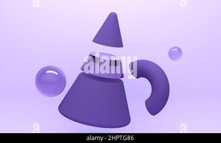 Composizione astratta con cono e sfere di vetro su sfondo lilla. 3d rendering Foto Stock
