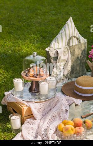 Picnic estivo nel giardino, formaggio brie, baguette, frutta, vino, fiori Foto Stock