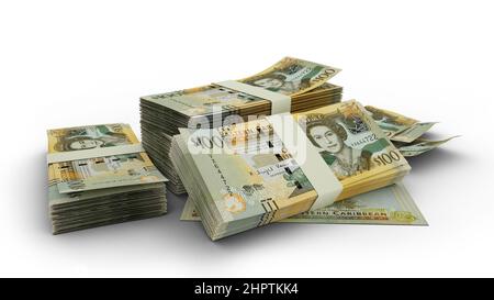 3D pila di banconote del dollaro dei Caraibi orientali. 100 dollari Foto Stock