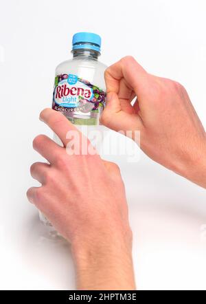 Rimozione dell'etichetta per il riciclaggio su una bottiglia di plastica monouso, la bottiglia ha un'etichetta Ribena e viene fotografata su sfondo bianco. Foto Stock