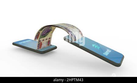 3D rendering di banconote in sterline egiziane trasferendo da un telefono a un altro. Concetto di transazione di denaro mobile Foto Stock