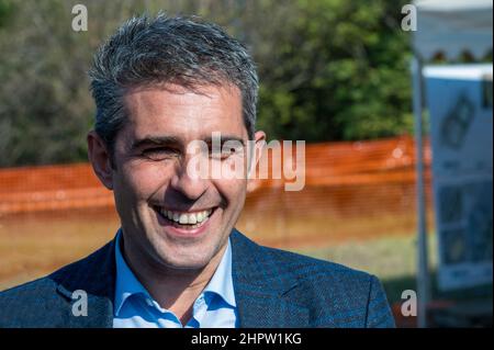 Federico Pizzarotti sindaco di Parma è una Sala Baganza (Parma) in occasione dell'inizio lavori della cassa di espansione sul torrente Baganza Foto Stock