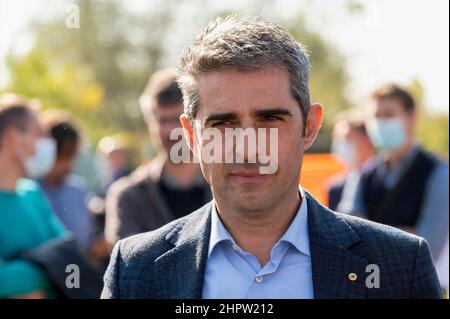 Federico Pizzarotti sindaco di Parma è una Sala Baganza (Parma) in occasione dell'inizio lavori della cassa di espansione sul torrente Baganza Foto Stock