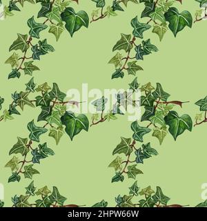 Acquerello senza cuciture in edera botanica. Motivo senza cuciture botanico da ramoscello di edera. Foglie di edera verde dipinte a mano, fondo verde. Foto Stock