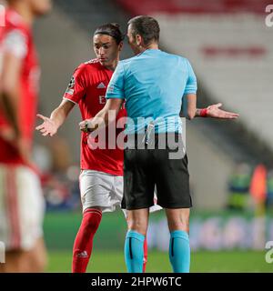 LISBONA, PORTOGALLO - 23 FEBBRAIO: Darwin Nunez di SL Benfica, arbitro Slavko Vincic durante la partita della UEFA Champions League tra SL Benfica e AFC Ajax all'Estadio do SL Benfica il 23 febbraio 2022 a Lisbona, Portogallo (Foto di Peter Lous/Orange Pictures) Foto Stock