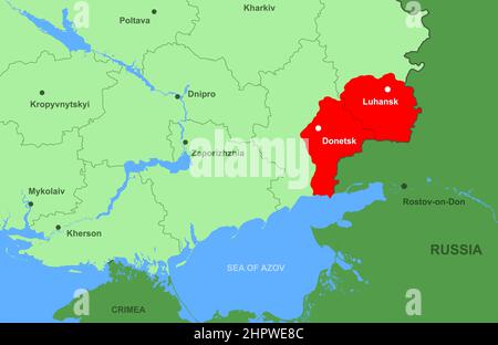 L’Ucraina e la regione di Donbass sono in primo piano sulla mappa europea. Mappa politica con le repubbliche di Donetsk e Luhansk, confine russo, Crimea, Mare di Azov. Conc Foto Stock