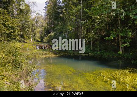 Fiume, piccola cascata vicino al mulino di Wimsen sul corso del fiume Ach, Hayingen-Wimsen, Baden-Wuerttemberg, Germania Foto Stock