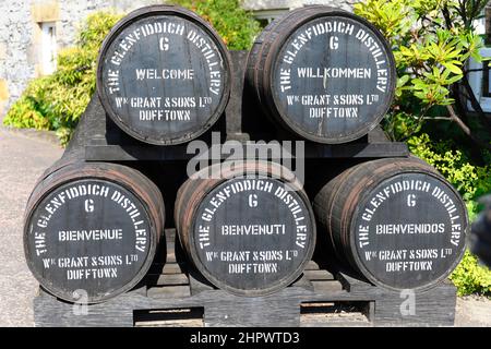 Fusti, Glenfiddich distilleria di whisky, Dufftown, Scotland, Regno Unito Foto Stock