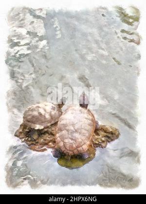 Spazzolatura digitale di due tartarughe rilassarsi su una roccia circondata da acqua di ondulazione in un laghetto. Foto Stock