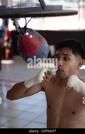 pugile leggero allenarsi la sua velocità e coordinazione punzonando il sacco di boxe con le mani fasciate Foto Stock