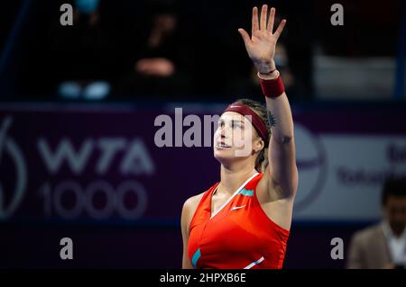 Doha, Qatar - 23 febbraio 2022, Aryna Sabalenka di Bielorussia in azione contro Jil Teichmann di Svizzera durante il terzo round del Qatar TotalEnergies Open 2022, WTA 1000 torneo di tennis il 23 febbraio 2022 al Khalifa tennis and squash Complex di Doha, Qatar - Foto: Rob Prange/DPPI/LiveMedia Foto Stock