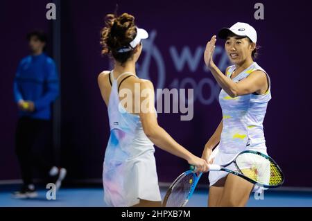 Doha, Qatar - 23 febbraio 2022, Ena Shibahara del Giappone e Shuai Zhang della Cina in azione durante la doppia finalissima del 2022 Qatar TotalEnergies Open, WTA 1000 torneo di tennis il 23 febbraio 2022 al Khalifa tennis and squash Complex di Doha, Qatar - Foto: Rob Prange/DPPI/LiveMedia Foto Stock