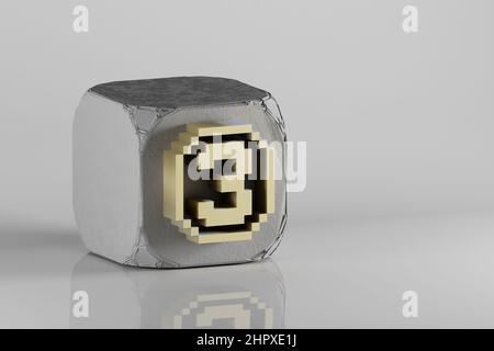 Bel pixel d'oro numero 3. Icone simbolo su un cubo beton e sfondo bianco in ceramica. 3d illustrazione del rendering. Motivo di sfondo per il design. Foto Stock