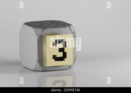 Bel pixel d'oro numero 3. Icone simbolo su un cubo beton e sfondo bianco in ceramica. 3d illustrazione del rendering. Motivo di sfondo per il design. Foto Stock