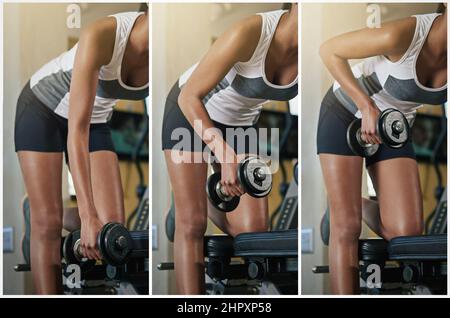 Aumentare la sua routine di allenamento del peso. Serie di immagini di una giovane donna che solleva un manubro in palestra. Foto Stock