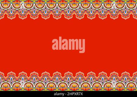 Giallo, Blu, Fiore su Rosso arancione. Geometrico etnia orientale modello tradizionale per sfondo, tappeto, carta da parati, abbigliamento, avvolgimento, Batik, fabri Foto Stock