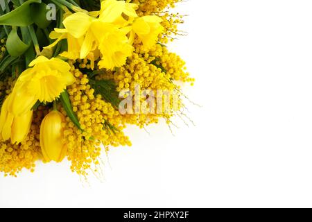 Mimosa, daffodil e tulipano fiori bouquet su sfondo bianco. Pasqua, Giornata delle madri, concetto di Giornata delle Donne Foto Stock