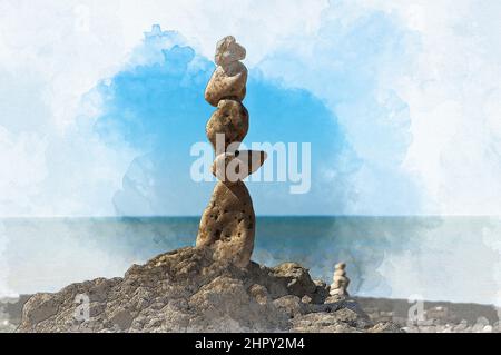 Illustrazione Arte di un totem di pietre zen sulla costa Foto Stock