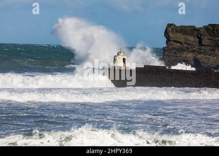 Portreath, Cornovaglia, 24th febbraio 2022, forti venti di 46mph con le docce di grandine ha causato grandi onde a Portreath, Cornovaglia questa mattina. La temperatura era di 7C ma con il fattore windchill si sentiva come 2C. Gli escursionisti di cani e le persone hanno ancora coraggiato una passeggiata lungo la spiaggia.Credit: Keith Larby/Alamy Live News Foto Stock