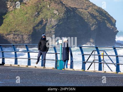 Portreath, Cornovaglia, 24th febbraio 2022, forti venti di 46mph con le docce di grandine ha causato grandi onde a Portreath, Cornovaglia questa mattina. La temperatura era di 7C ma con il fattore windchill si sentiva come 2C. Gli escursionisti di cani e le persone hanno ancora coraggiato una passeggiata lungo la spiaggia.Credit: Keith Larby/Alamy Live News Foto Stock