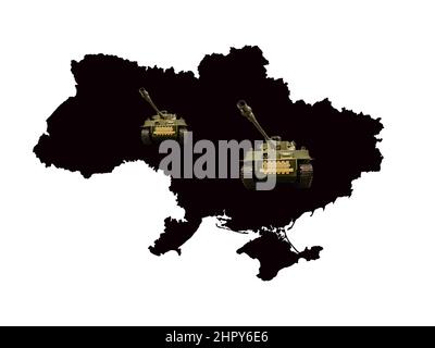 Mappa Ucraina isolata con carri armati Foto Stock