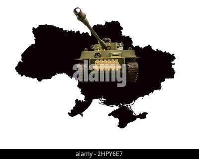 Silhouette Ucraina mappa isolato con carri armati su sfondo bianco Foto Stock