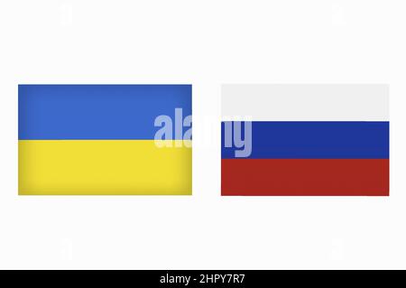 Ucraina contro Russia nel concetto di crisi di guerra mondiale. Scontro e guerra militare conflitto tra ucraino e russo paese e nazione. Bandiere dei due paesi Foto Stock