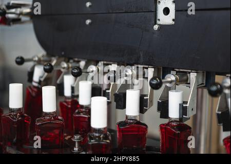 Bottiglie di cognac costoso stand sulla linea di produzione in negozio Foto Stock