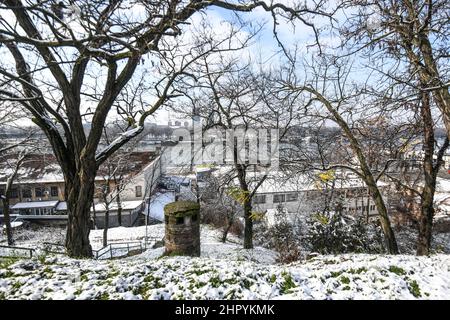 Città vecchia di Belgrado: Vista sul fiume Sava dalla via venac di Kosancicev durante l'inverno. Serbia Foto Stock