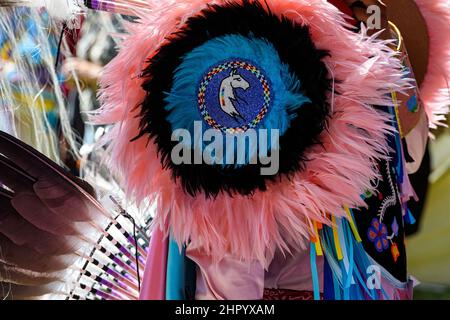 Ballerino nativo di First Nations che indossa regalia tradizionale ad un powwow Foto Stock