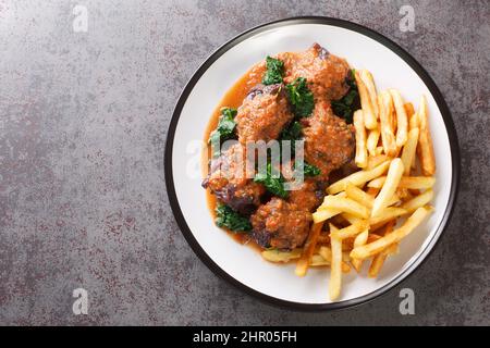 Gustoso Rabo de toro o stufato di coda di bue servito con patatine fritte su piatto bianco sul tavolo di cemento. Vista dall'alto orizzontale Foto Stock