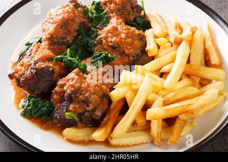 Carne per lo stufato di coda di toro Rabo de toro servita con patatine fritte su piastra bianca sul tavolo di cemento. Orizzontale Foto Stock