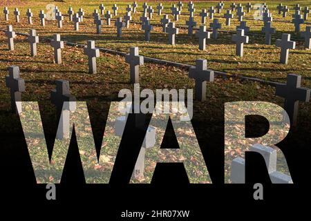 molte croci grigie identiche nel cimitero militare polacco. autunno e tramonto della vita. lotta per la congregazione e l'indipendenza della patria con Foto Stock