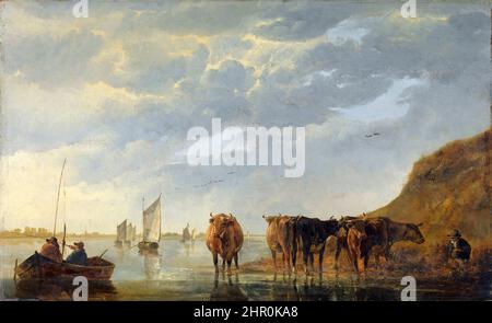 Aelbert Cuyp. Dipinto dal titolo 'Un Herdsman con cinque mucche da un fiume' del pittore olandese dell'età d'oro, Aelbert Jacobszoon Cuyp (1620-1691), olio su quercia, 1650-55 Foto Stock