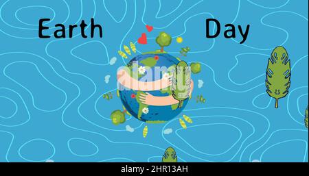 Immagine del testo del giorno della terra sulle braccia avvolte intorno al globo e sugli alberi su sfondo blu Foto Stock