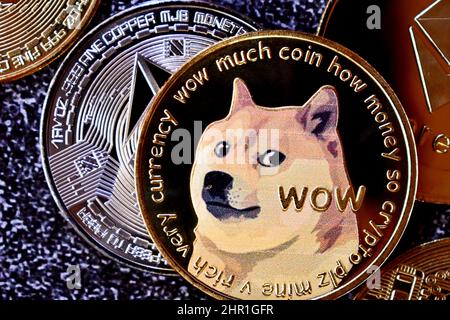 Criptovaluta Dogecoin su sfondo scuro Foto Stock