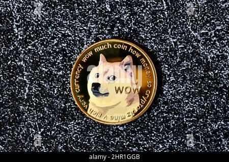 Criptovaluta Dogecoin su sfondo scuro Foto Stock