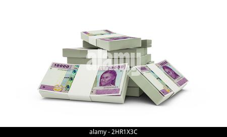 3D rendering di Stack di 10000 banconote in franchi CFA dell'Africa centrale. Pacchetti di banconote dell'Africa centrale isolati su sfondo bianco Foto Stock