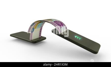 3D rendering di 10000 banconote in franchi CFA dell'Africa centrale che trasferiscono da un telefono all'altro. Concetto di transazione di denaro mobile Foto Stock