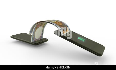 3D rendering di 10000 banconote in franchi CFA dell'Africa centrale che trasferiscono da un telefono all'altro. Concetto di transazione di denaro mobile Foto Stock