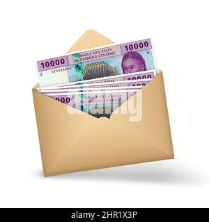 10000 centrafricano banconote in franco CFA all'interno di una busta marrone aperta. 3D illustrazione del denaro in busta aperta Foto Stock