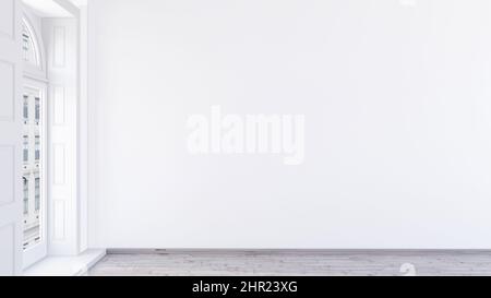 Sala vuota 3D rendering, pareti moderne bianche e luminose design soggiorno, visualizzazione 3D, illustrazione di sfondo interno, alte finestre ad arco Foto Stock