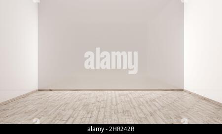 3d illustrazione stanza vuota, pareti bianche con pavimento in legno di quercia, visualizzazione spazio vuoto, 3d disegno stanza interna, sfondo minimalista Foto Stock