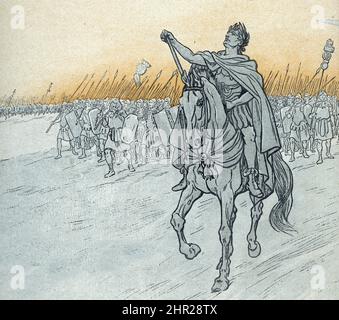 Rappresentazione de Jules Cesar lors de l'invaion de la Gaule (Guerra di Gallia: Gaius Julius Caesar (allora Jules cesar) (100-44 a.C.) e il suo esercito invade Gallia ) Illustrazione de Job Tire de 'la France son histoire' de Montorgueil - collezione privee Foto Stock