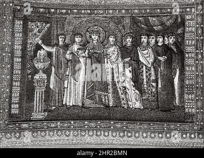 Imperatrice Theodora, mosaico, Chiesa di San vitale, Ravenna, Emilia Romagna. Italia. Viaggio da Ravenna a Otranto con Charles Yriarte Foto Stock