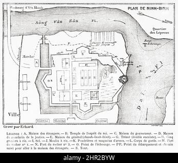 Vecchia mappa della città Ninh Bình, Vietnam. Asia. Conquista del Delta del Tonkin di Romanet de Caillaud Foto Stock